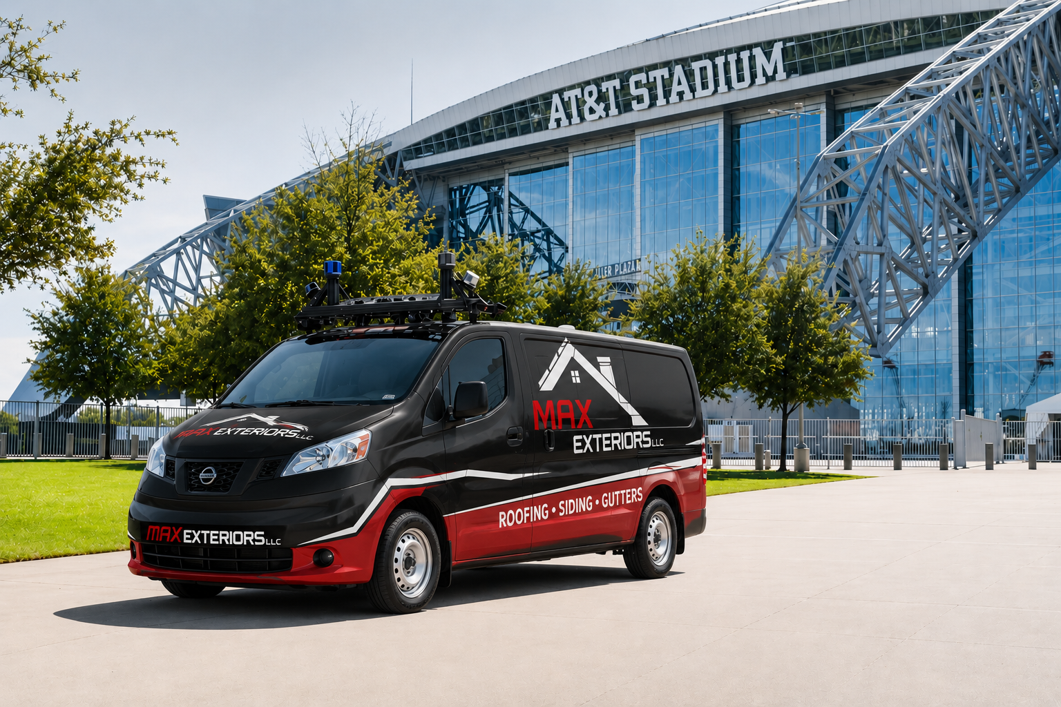 Max Exteriors work van at AT&T Stadium in DFW
