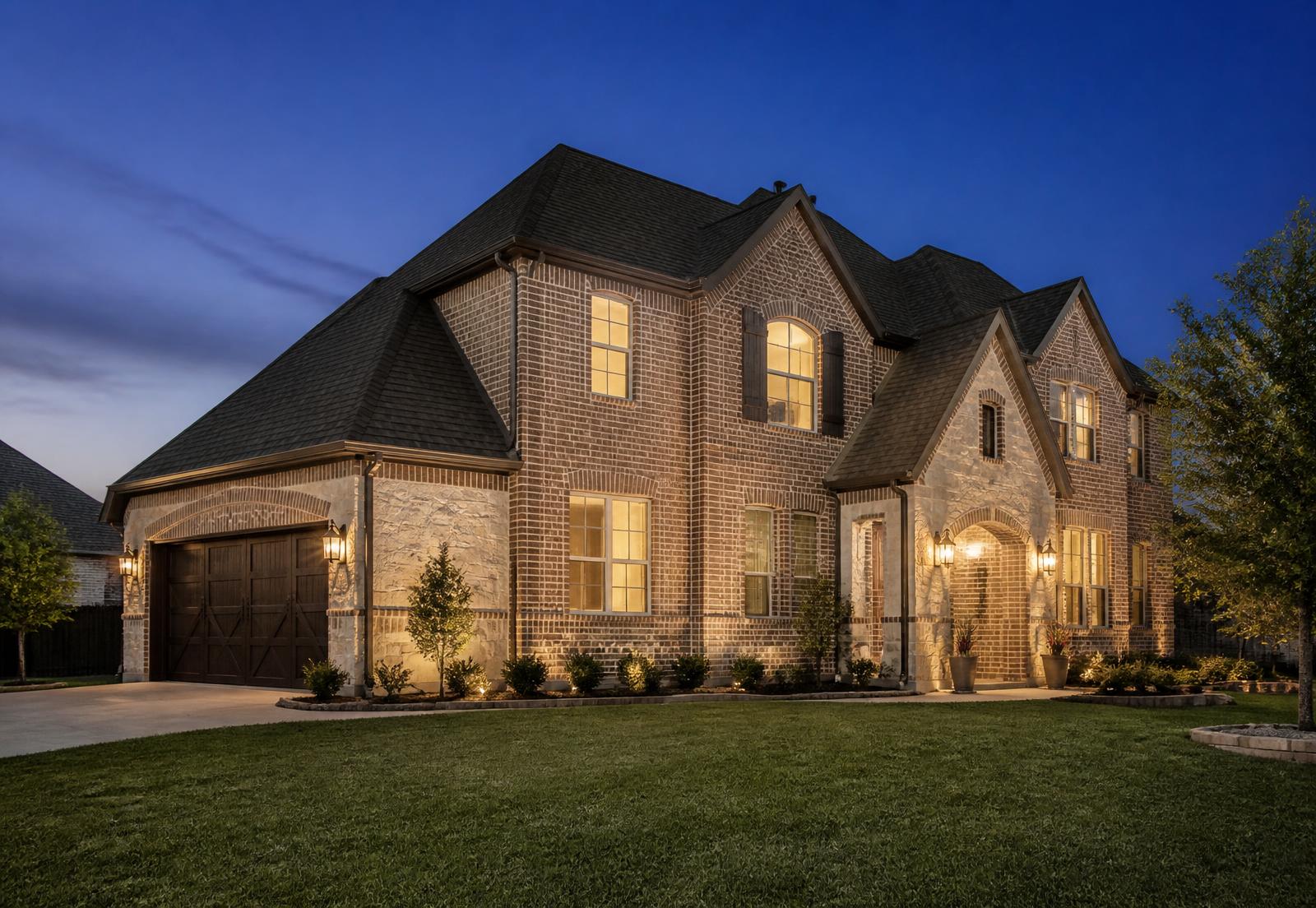 Two-story North Texas home at dusk with a new shingle roof