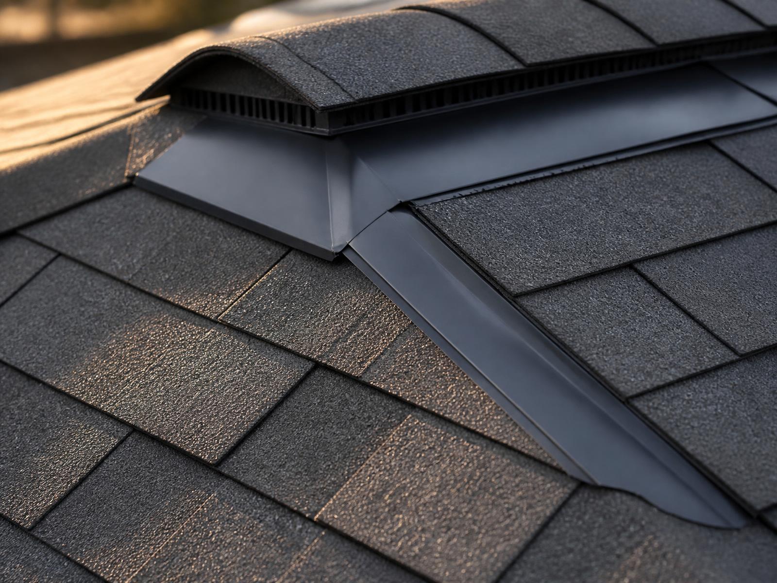 Close-up of an architectural shingle roof showing ridge vent, flashing and underlayment detail