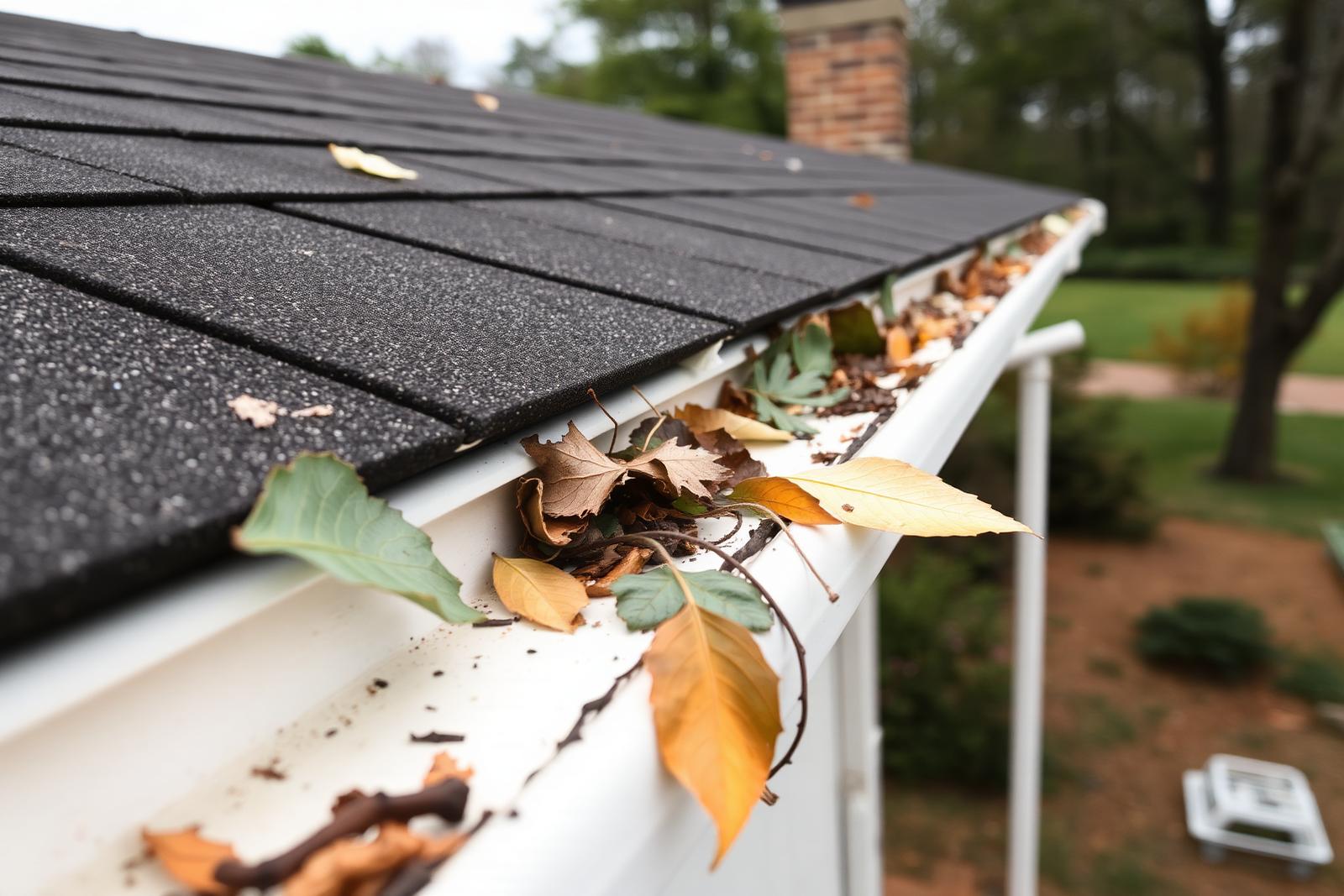 Leaves, twigs and roof debris collected inside a residential rain gutter