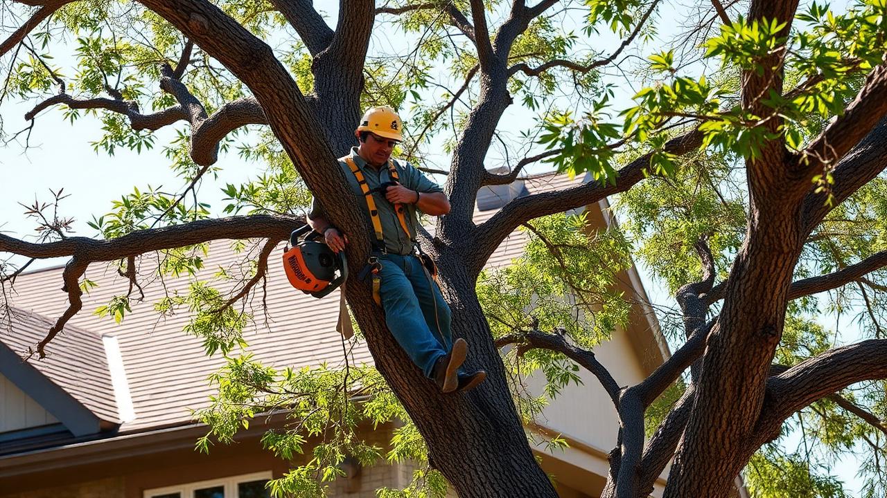 Storm-downed tree limbs resting against a residential roof
