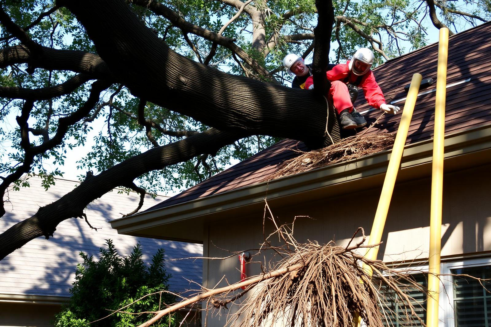 Tree limbs overhanging a residential roof and gutter line being trimmed back